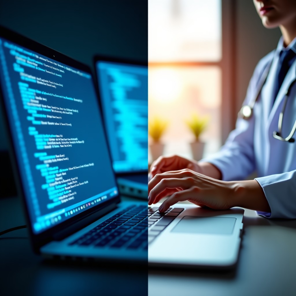 Split composition image, on the left a glowing blue computer screen with complex code, on the right a warm scene of a healthcare professional holding a patient hand, symbolic of the career shift between tech and human-centric work, professional photography, 4:3