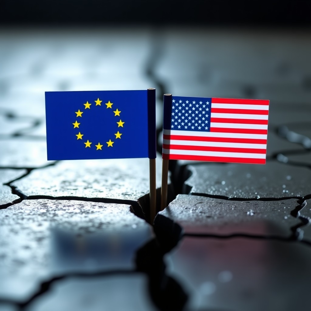 A symbolic representation of the EU flag and the US flag placed on opposite sides of a cracked stone floor, implying a divide in policy and data sovereignty, dramatic lighting, high contrast, 4:3