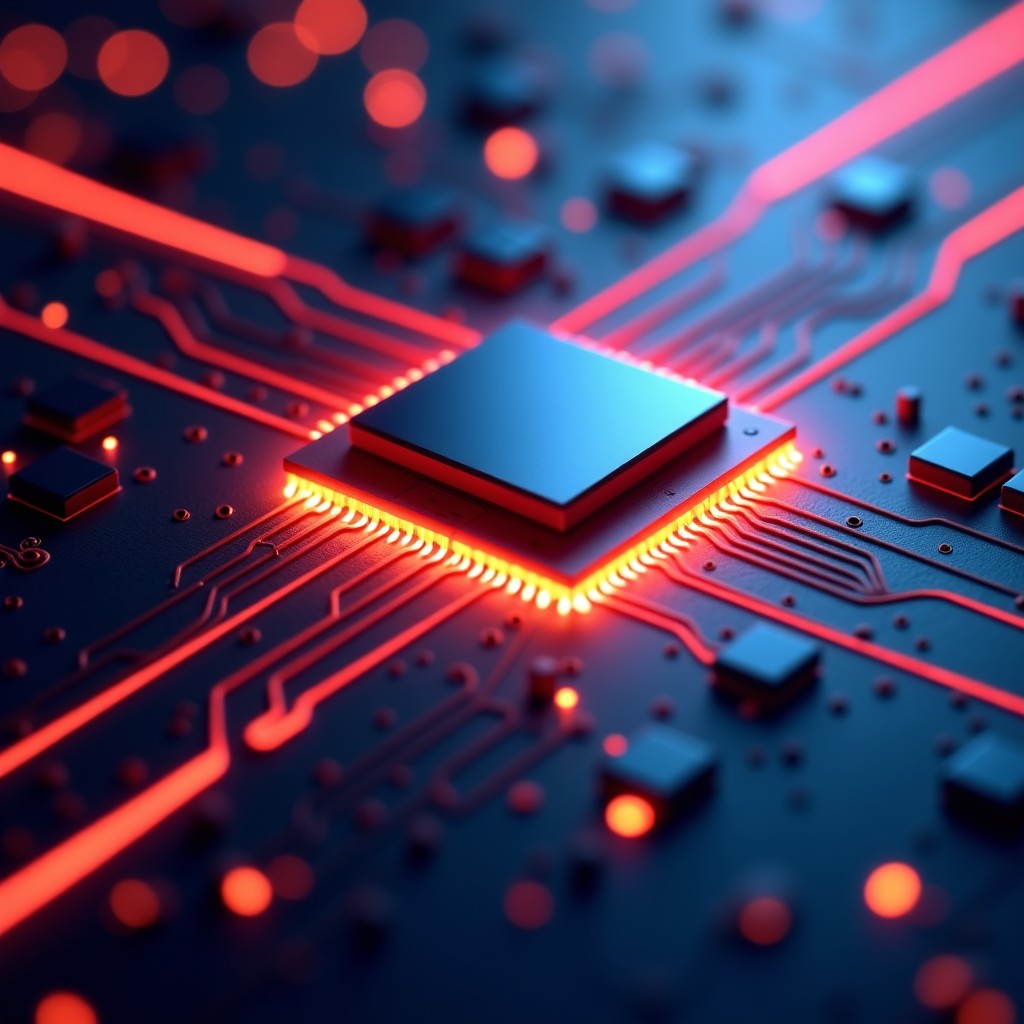 Macro photography of a futuristic computer processor chip with glowing light trails on a dark circuit board 4:3