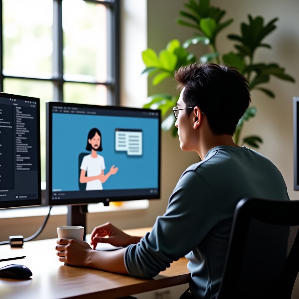 A Korean developer sitting at a desk with multiple monitors, looking thoughtfully at the screen while holding a coffee cup. The screen shows a collaboration interface with an AI. Natural daylight, cozy home office environment, 4:3