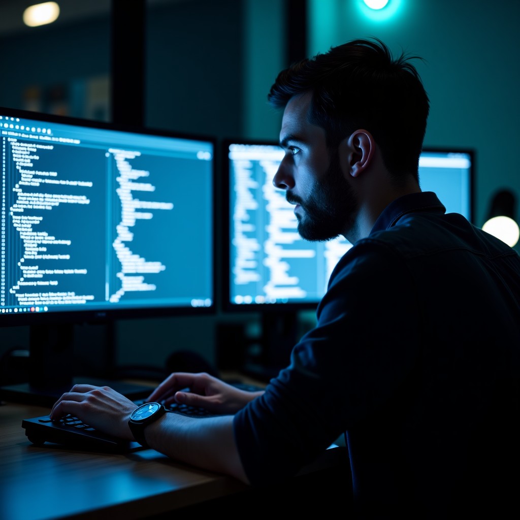 A professional software developer working in a dimly lit office with multiple monitors, focus on a high-tech code editor, realistic photography, cinematic lighting, 4:3 aspect ratio.