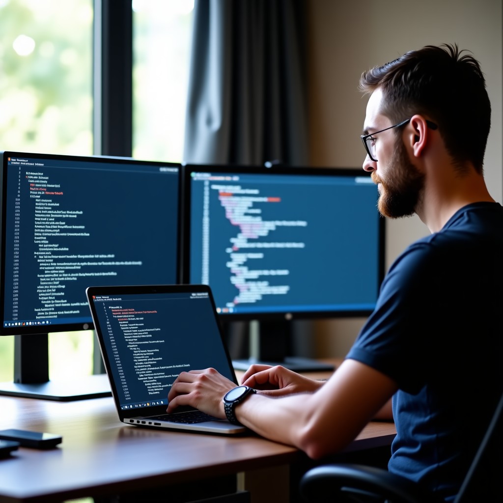 A professional developer working on a laptop in a modern office, screens showing clean software code and fintech dashboards, natural lighting, high contrast. 4:3