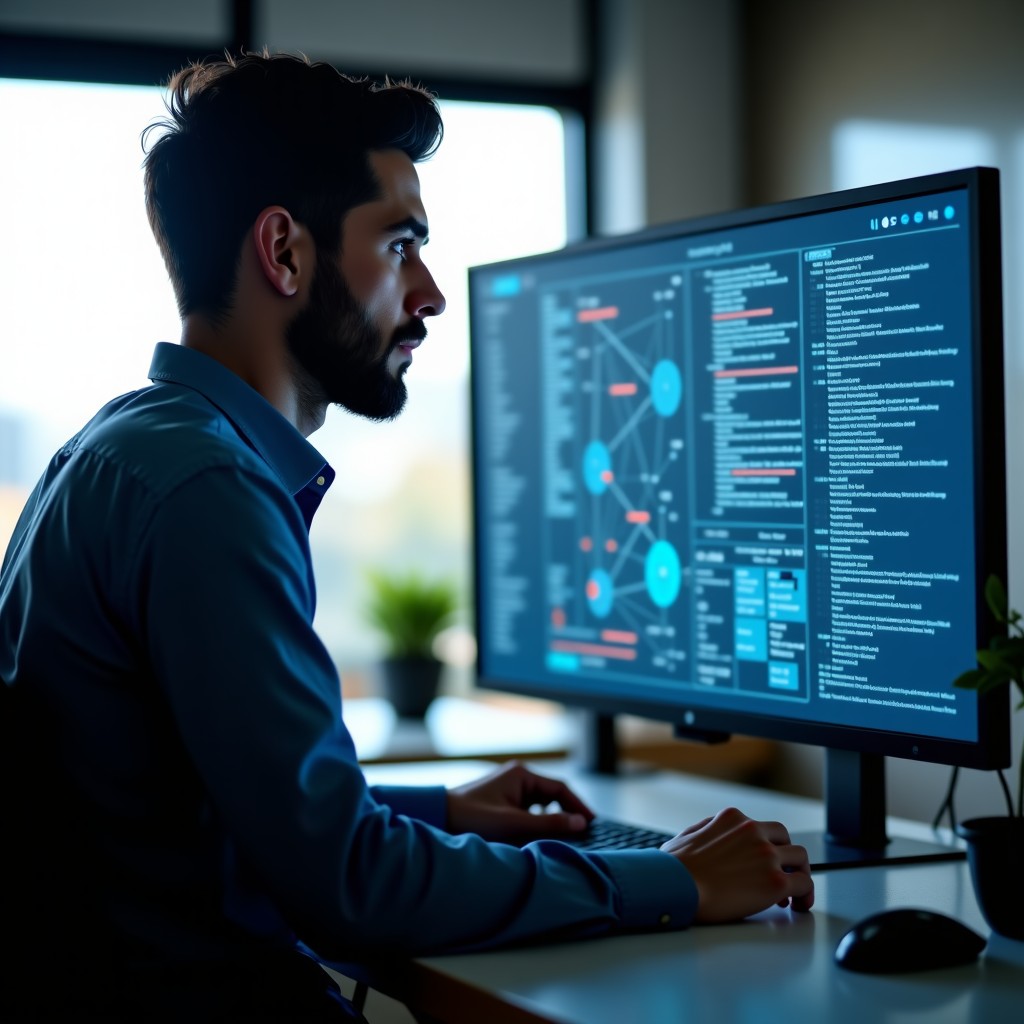 A professional male software developer in a modern tech office environment, looking thoughtfully at a large screen with complex neural network diagrams, natural daylight through windows, high-quality photography, 4:3