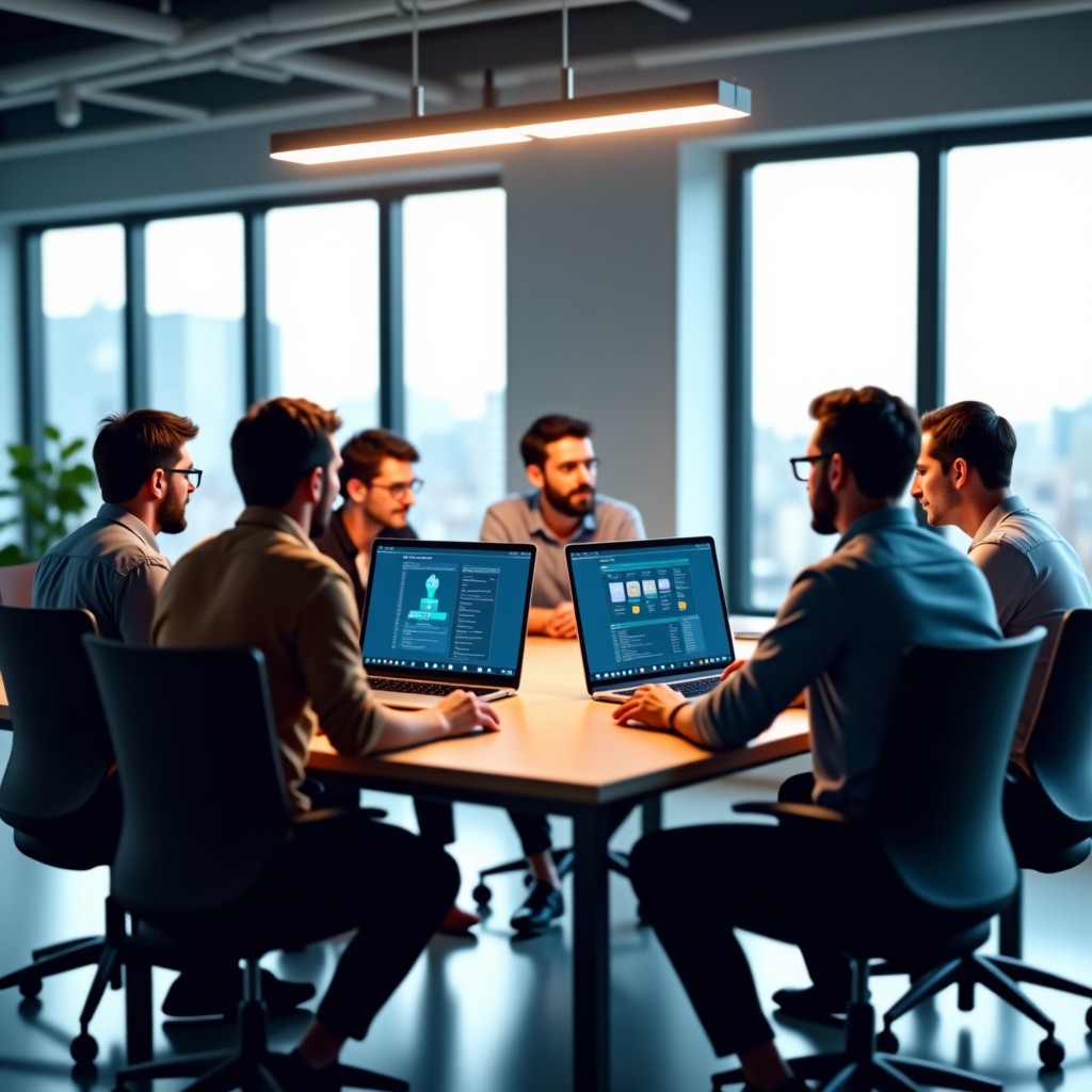 A group of diverse software developers sitting around a table in a modern office looking at screens and discussing technical architecture. The environment is collaborative and professional with natural lighting. 4:3