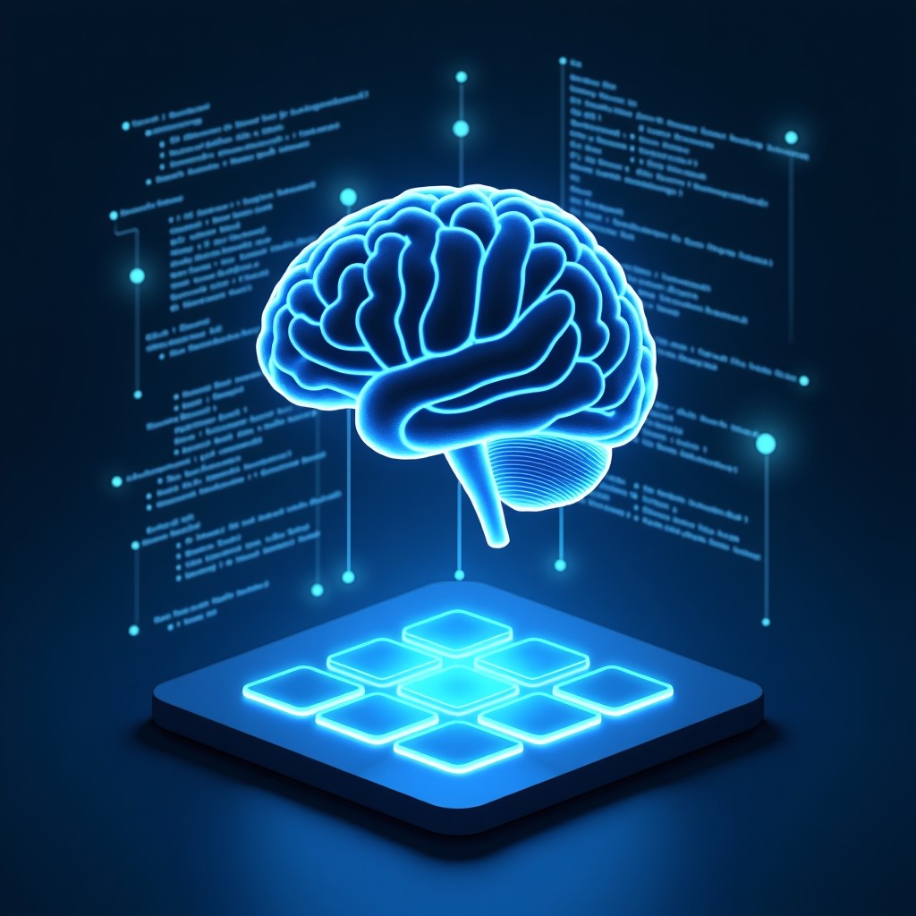 A conceptual illustration of a digital AI assistant interacting with lines of code. Stylized holographic representation of a brain and circuits, dark blue background with glowing light, professional and technical atmosphere, 1:1