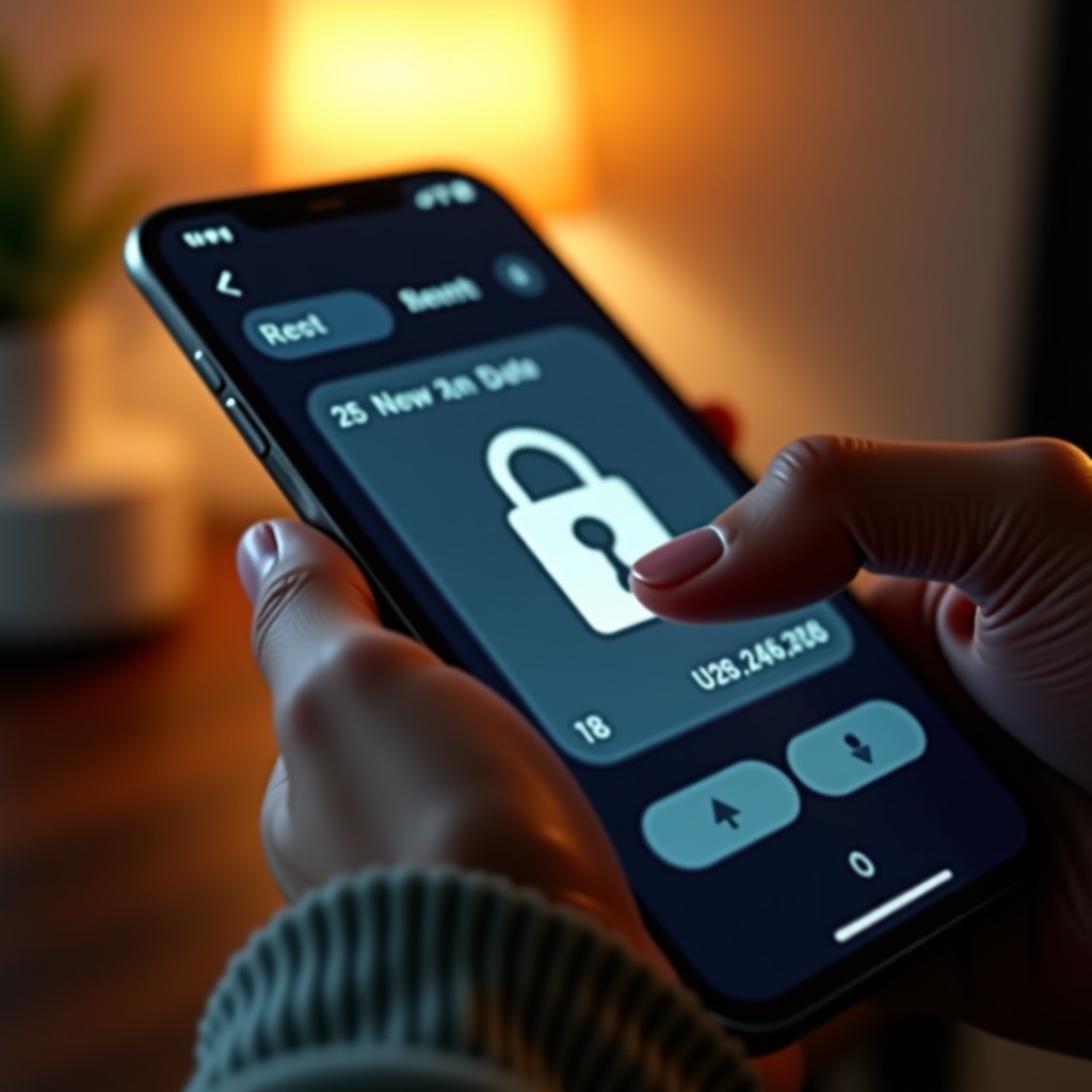 Close-up photography of a person using a smartphone with a secure data encryption overlay. Warm lighting natural home setting. Korean person hand visible. 4:3