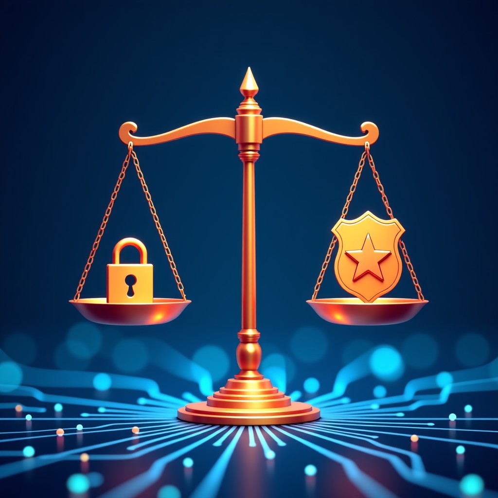 A conceptual illustration of a balance scale in a digital world, one side holding a padlock icon for privacy and the other a police badge, glowing circuit background, 4:3