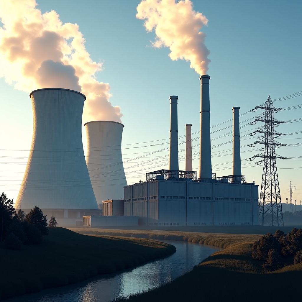 An artistic rendering of a complex of massive natural gas power plants situated next to a sprawling modern data center facility. Large cooling towers emitting steam, metallic structures, and a network of high-voltage power lines. Professional architectural visualization, high detail, 4:3