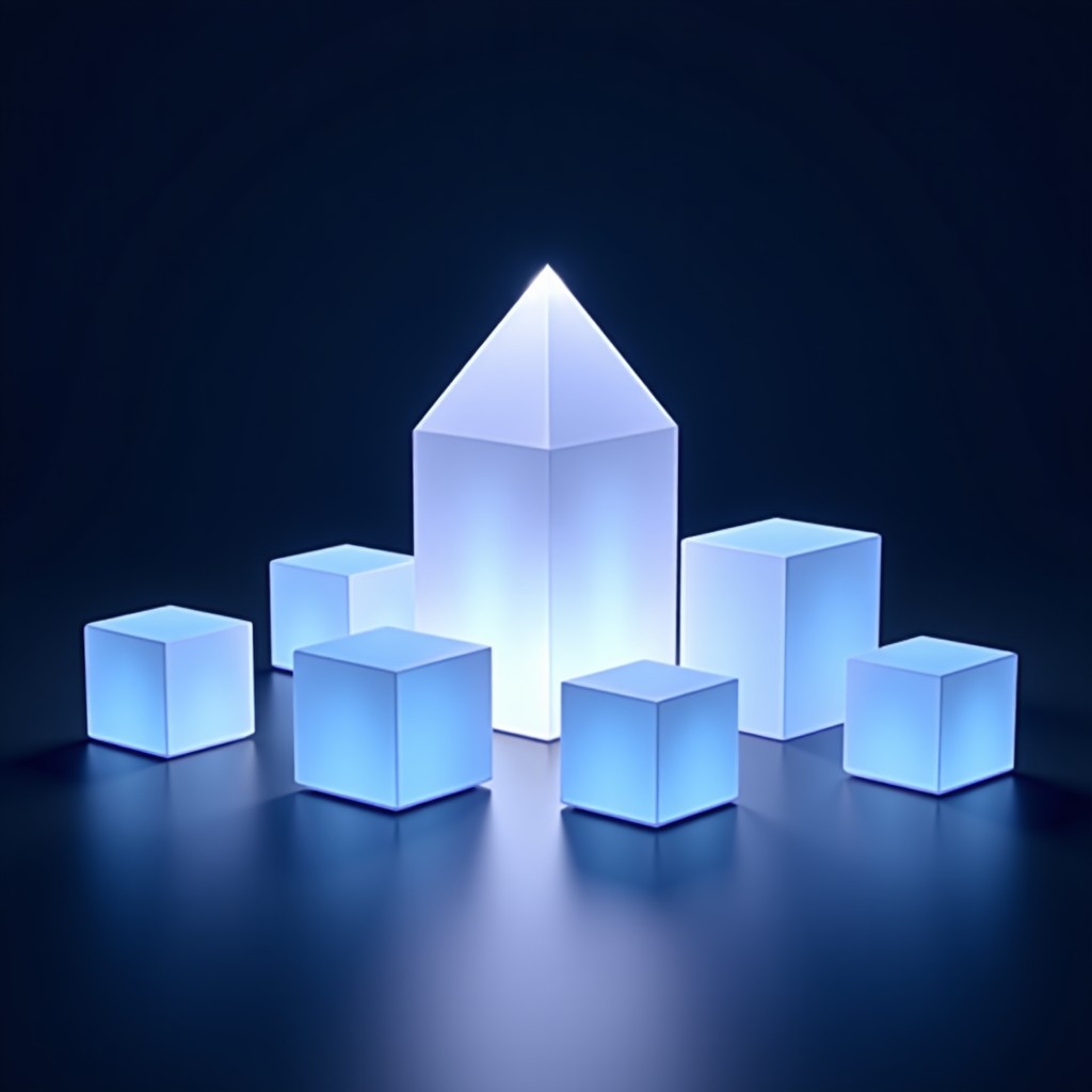 A minimalist 3D rendering of several glowing glass blocks merging into one large central crystal. Each block represents a different creative entity. The background is a deep navy blue with subtle data streams flowing. Professional and high-tech corporate aesthetic. 4:3