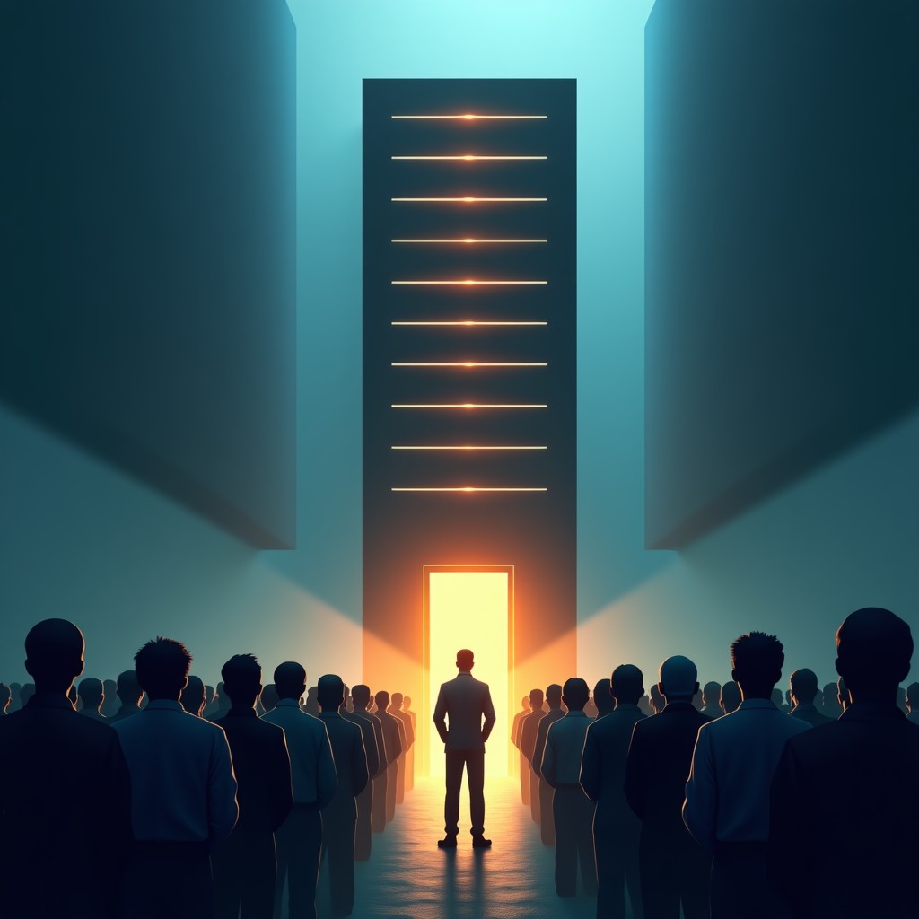 A symbolic illustration of a massive glowing server tower overlooking a small group of people in a democratic assembly, dramatic shadows, futuristic and tense atmosphere, 4:3