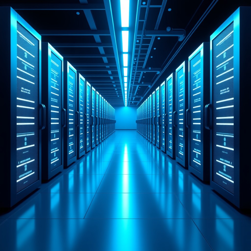 A high-tech cloud data center with sleek architectural lines, glowing server racks, subtle representations of corporate collaboration, clean and professional lighting, 4:3