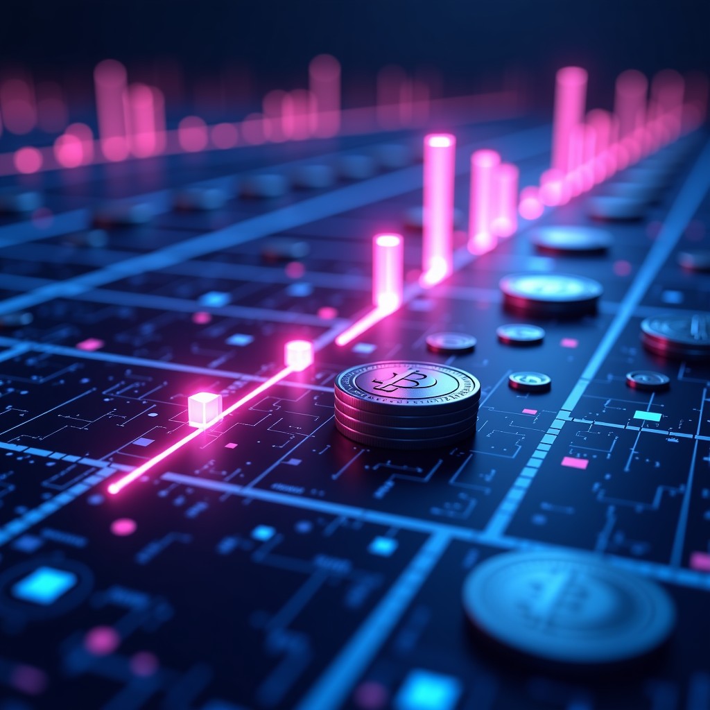 An abstract representation of massive financial transactions flowing through a neural network. Digital coins and bars of light moving across a grid. High contrast, vibrant cyan and purple lighting. 4:3