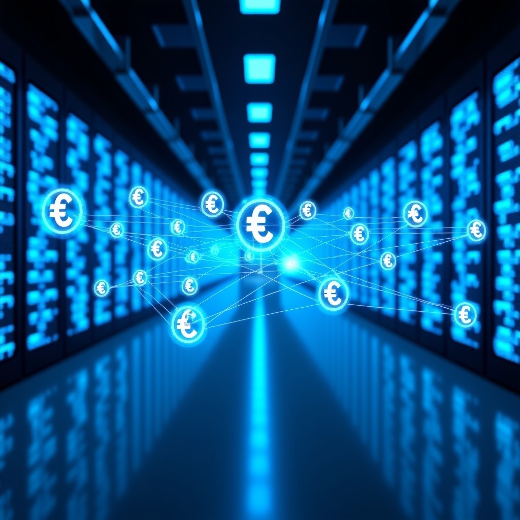 A vast modern data center with glowing blue server racks extending into the distance. Floating digital icons representing global currency symbols and AI circuit lines connecting them. High-tech and clean aesthetic. 4:3