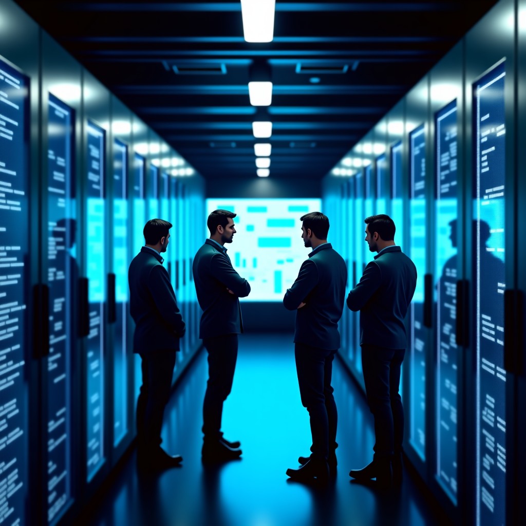 A realistic photography of a modern high-tech server room with glowing blue lights. In the foreground, a diverse group of engineers is looking concerned and looking at a large digital screen with complex data. The lighting is moody and cinematic. 4:3