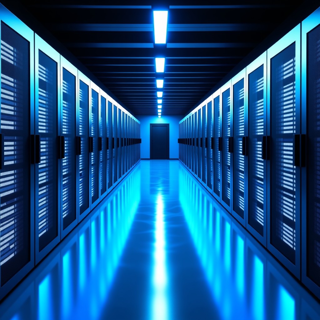 Interior of a massive modern data center with rows of server racks glowing with blue and white lights, futuristic atmosphere, clean and high-tech layout, 4:3