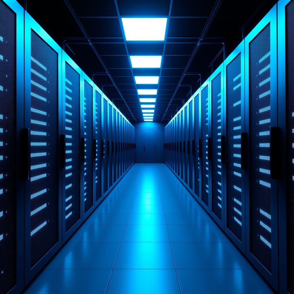 Interior of a massive modern data center with endless rows of server racks, glowing blue LED lights, high tech infrastructure, wide angle shot, realistic photography, 4:3