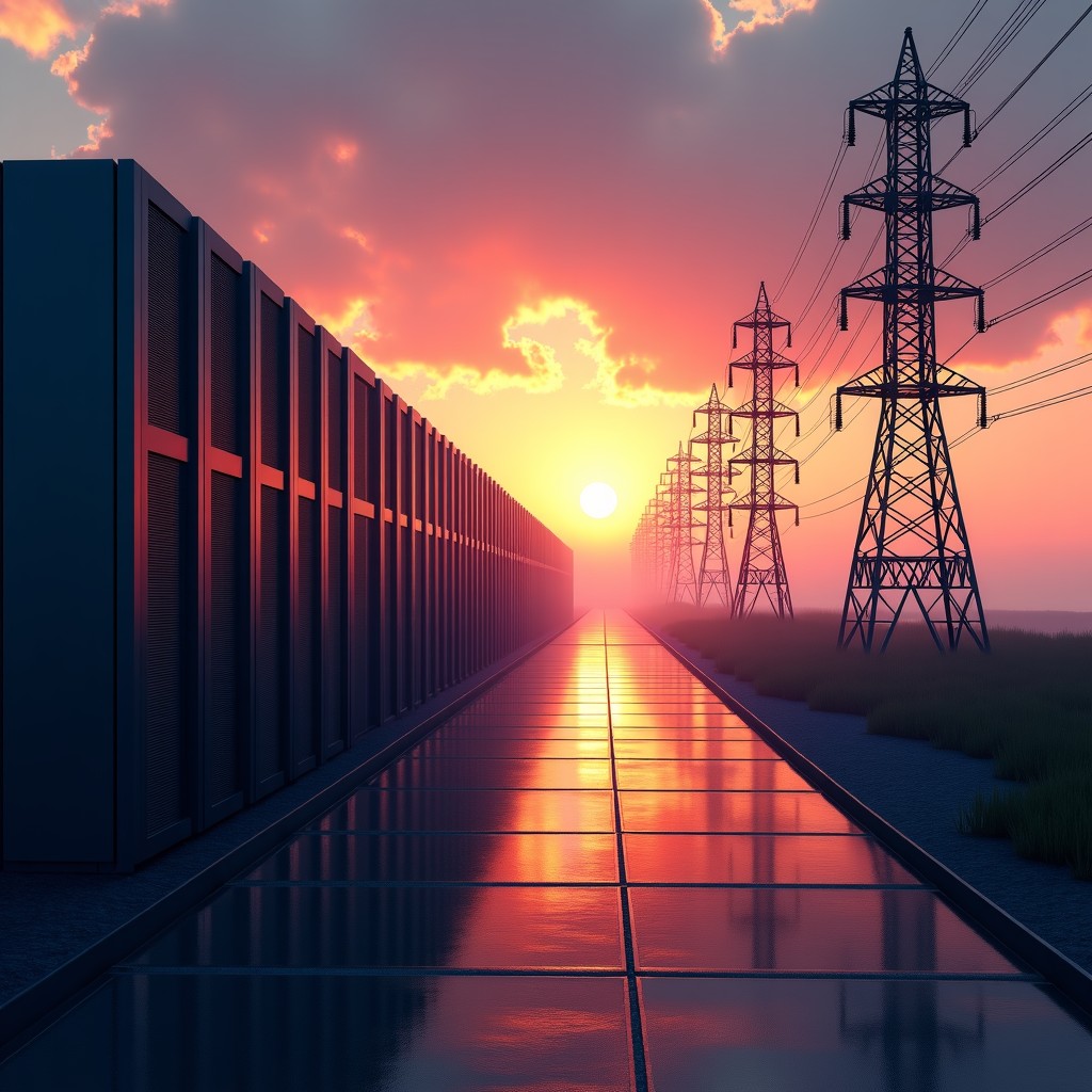 A futuristic large-scale AI data center integrated with a complex electrical grid and high-voltage power lines under a dramatic sunset sky, cinematic lighting, hyper-realistic, 4:3