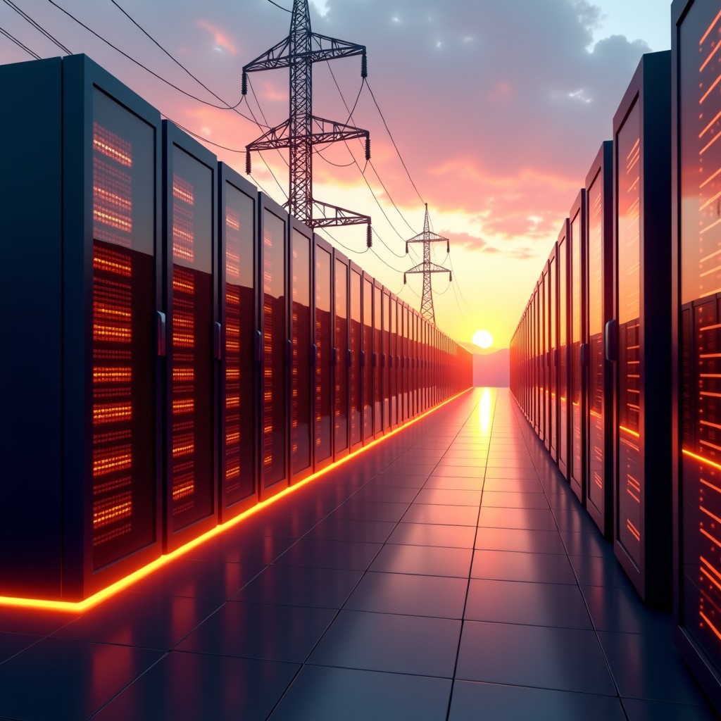 A wide shot of a modern massive data center complex with glowing energy lines connecting to the power grid, sunset sky background, high detail, 4:3