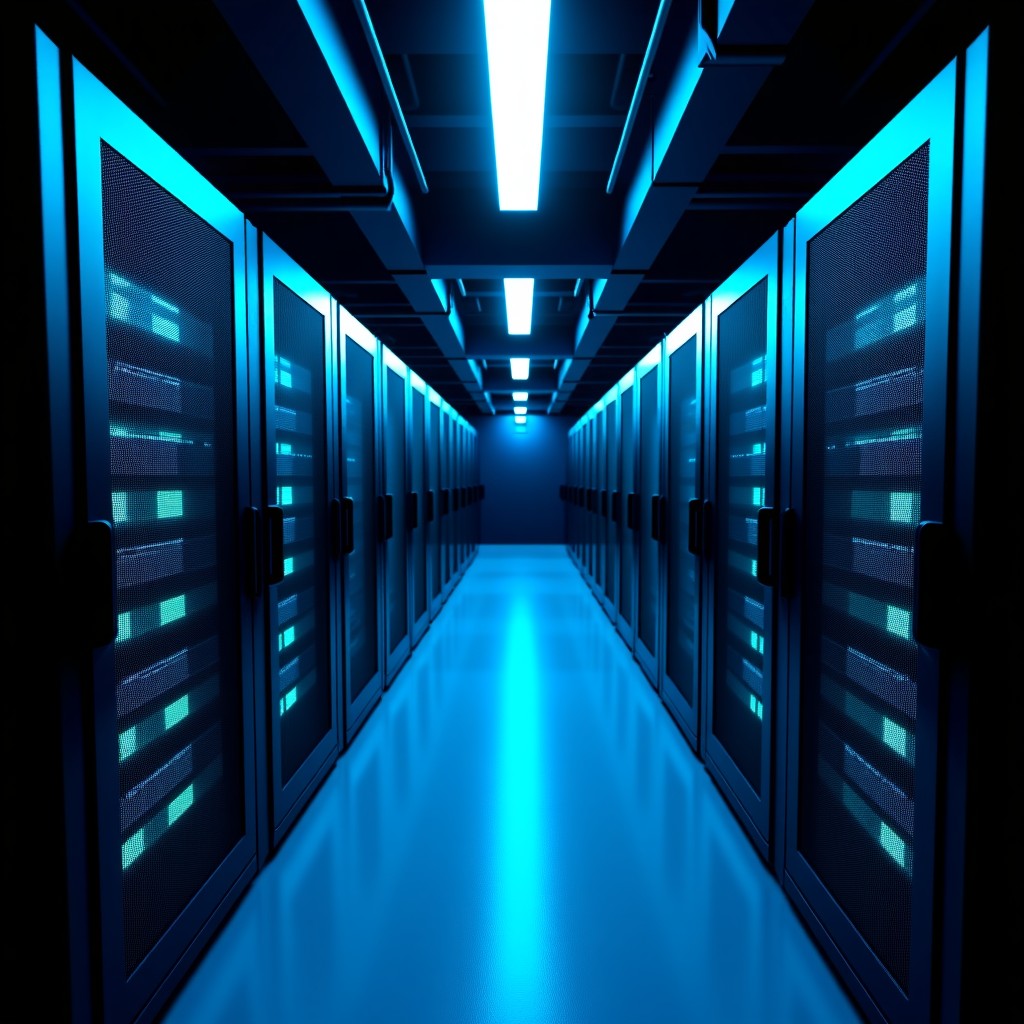 High tech datacenter interior with endless rows of server racks, blue and green LED lights glowing in the dark, cool industrial atmosphere, high contrast, wide angle view, 4:3