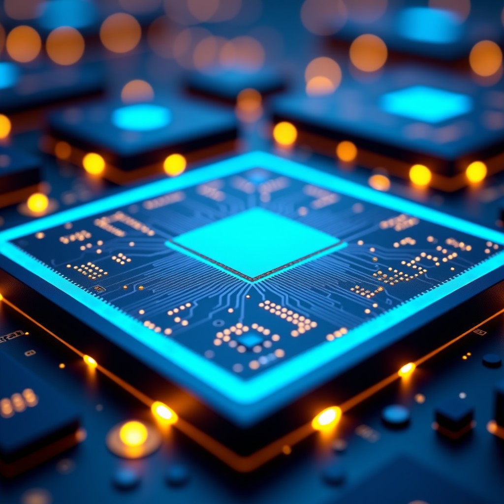 A close up shot of a massive and sophisticated AI semiconductor wafer scale engine with intricate gold and silicon circuits glowing with blue light in a high tech laboratory setting 1:1
