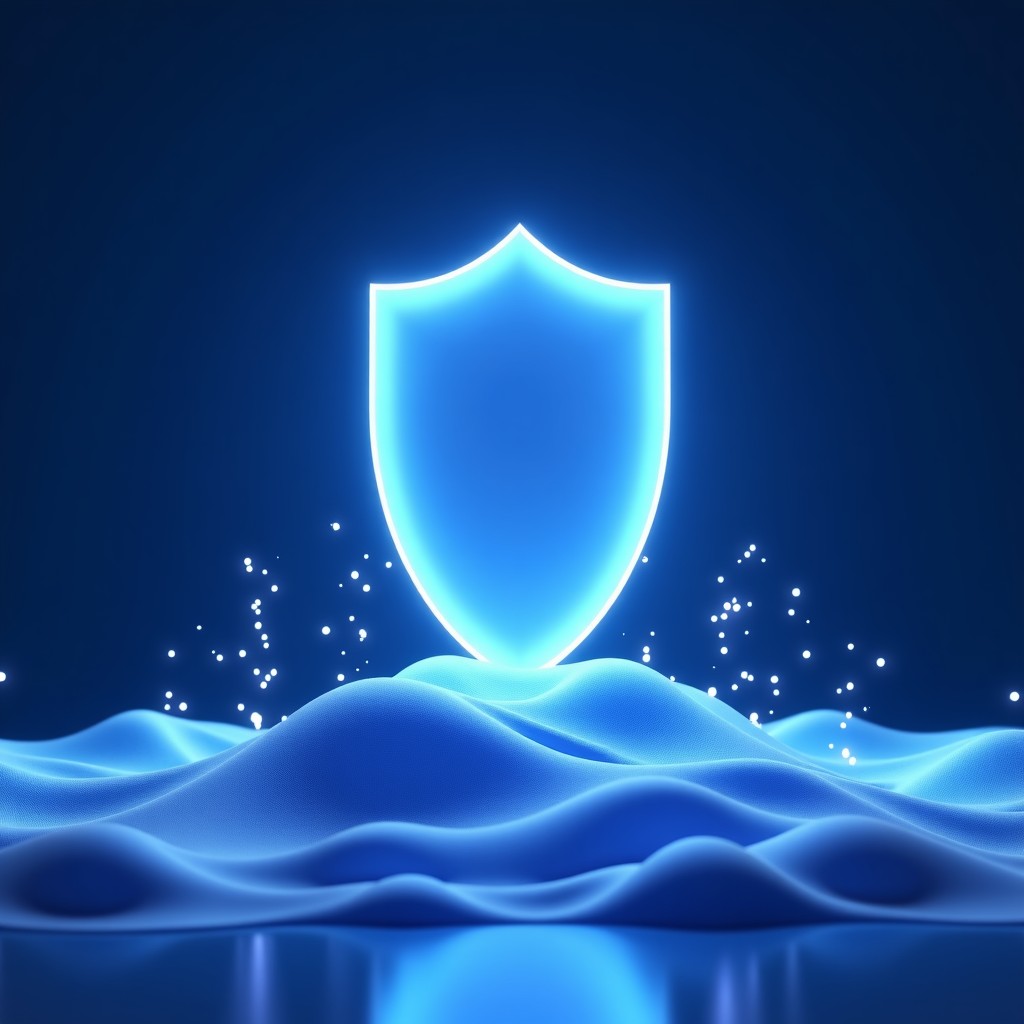 A symbolic and artistic 3D rendering of a large digital shield standing firm amidst a sea of glowing AI waves and data fragments. The background is a deep blue texture, representing resilience and core value protection. 4:3
