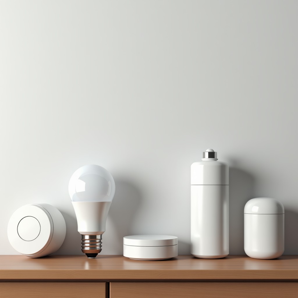 Various smart home accessories like smart bulbs and sensors arranged neatly on a wooden shelf, clean layout, high contrast, 4:3