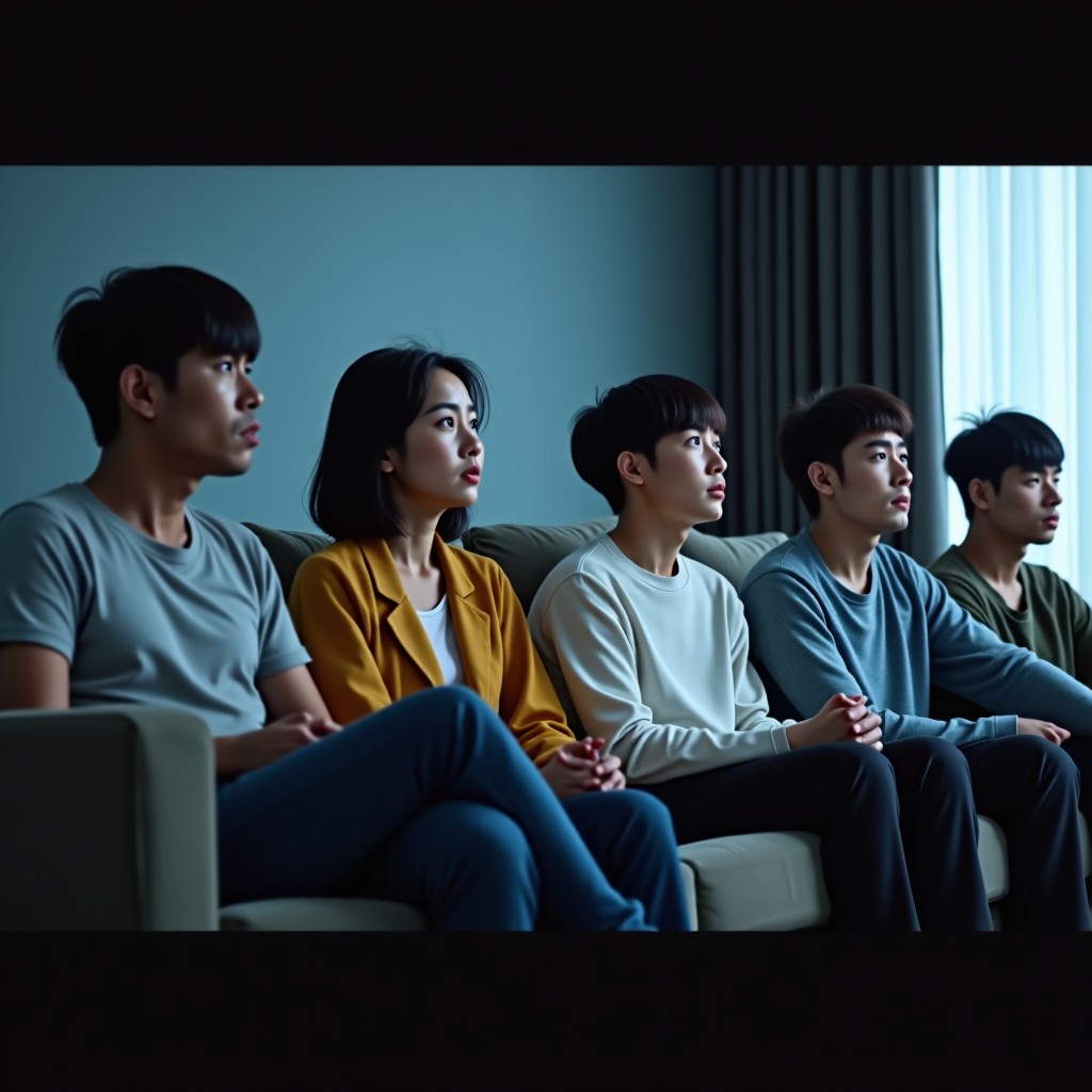 A group of diverse Korean people sitting on a sofa in a modern living room, looking at a TV screen with confused and skeptical facial expressions, dim ambient lighting, cinematic quality, 4:3