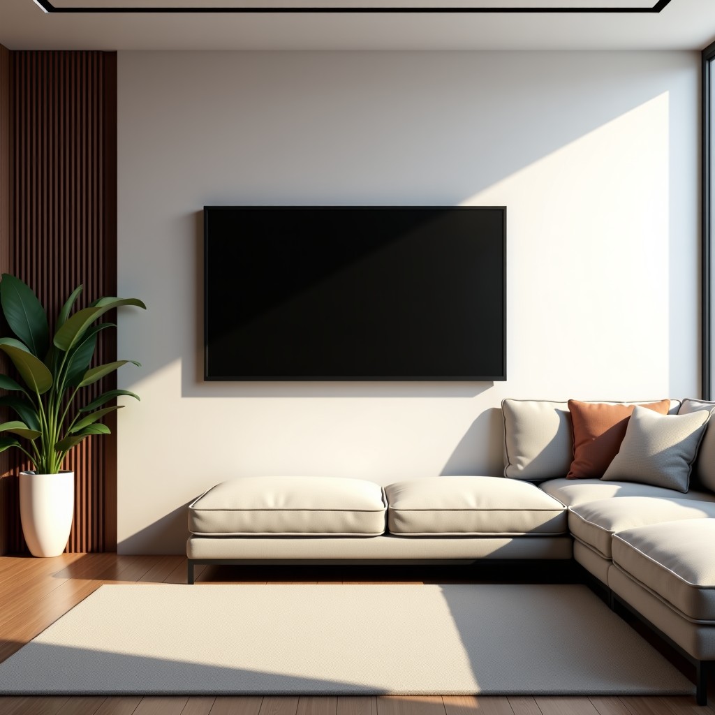 A lifestyle photograph of a modern living room interior with a large television on the wall and cozy furniture. The lighting is soft and natural. 4:3