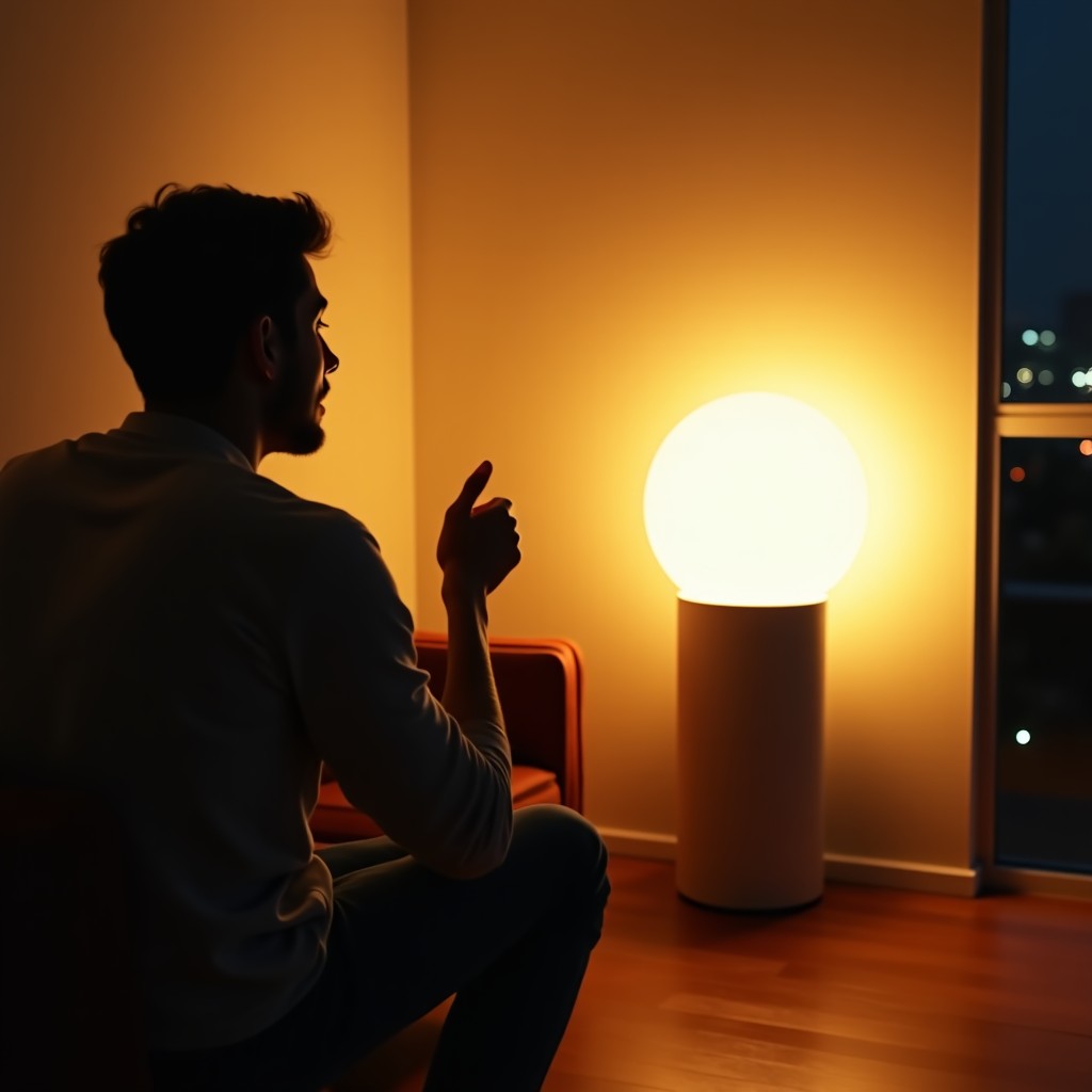 A modern living room with a person talking to a sleek smart speaker glowing circular light warm interior lighting cozy atmosphere high quality photography 4:3
