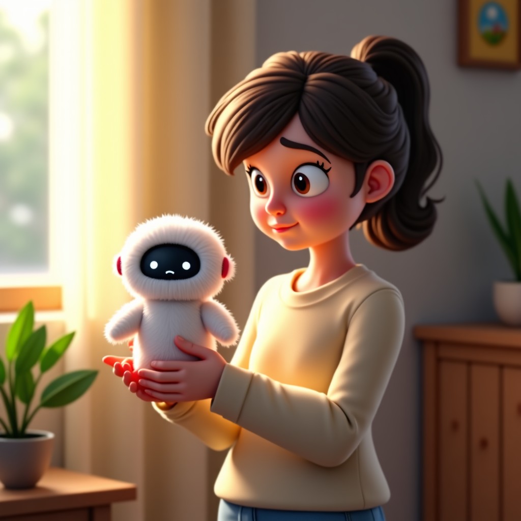 A person holding a small fluffy AI robot in their hands in a cozy apartment. The person looks slightly confused while looking at the robot. Soft natural light from a window. 4:3