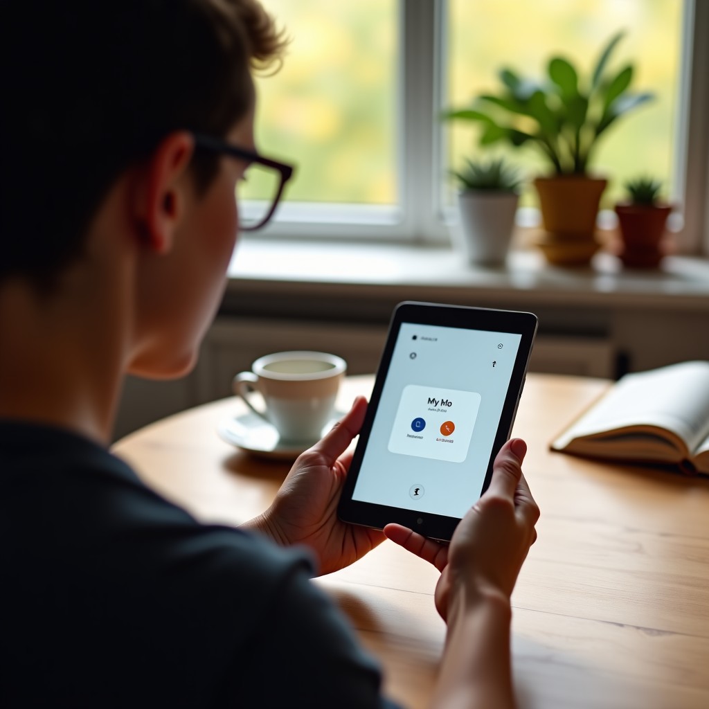 A person interacting with a smart device on a table, the device seems to recognize objects like a coffee mug and a book, natural lifestyle setting, warm and inviting atmosphere, 4:3