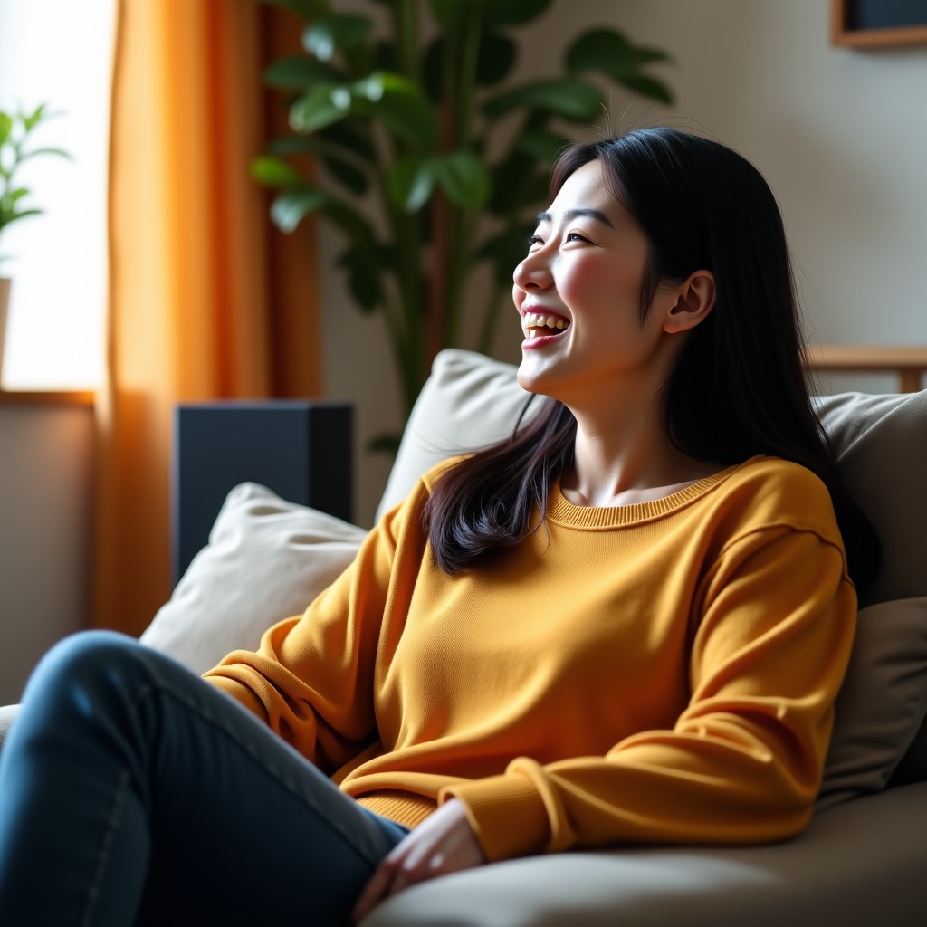 A Korean woman sitting comfortably on a sofa laughing and talking to a smart speaker in a warm and cozy home environment. 4:3