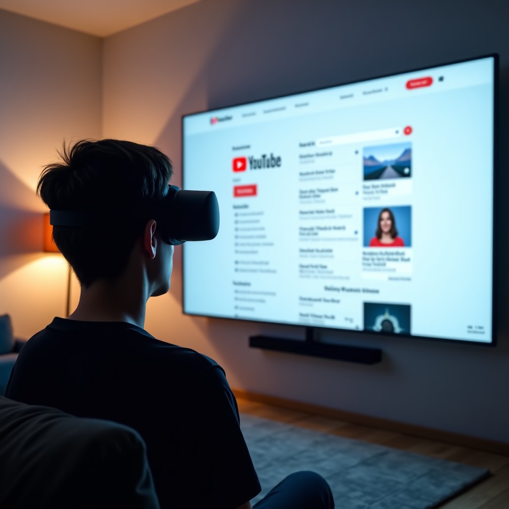 A person wearing Apple Vision Pro in a modern and minimalist living room, looking at a massive floating virtual screen displaying a YouTube interface, high quality, realistic photography, soft cinematic lighting, 4:3