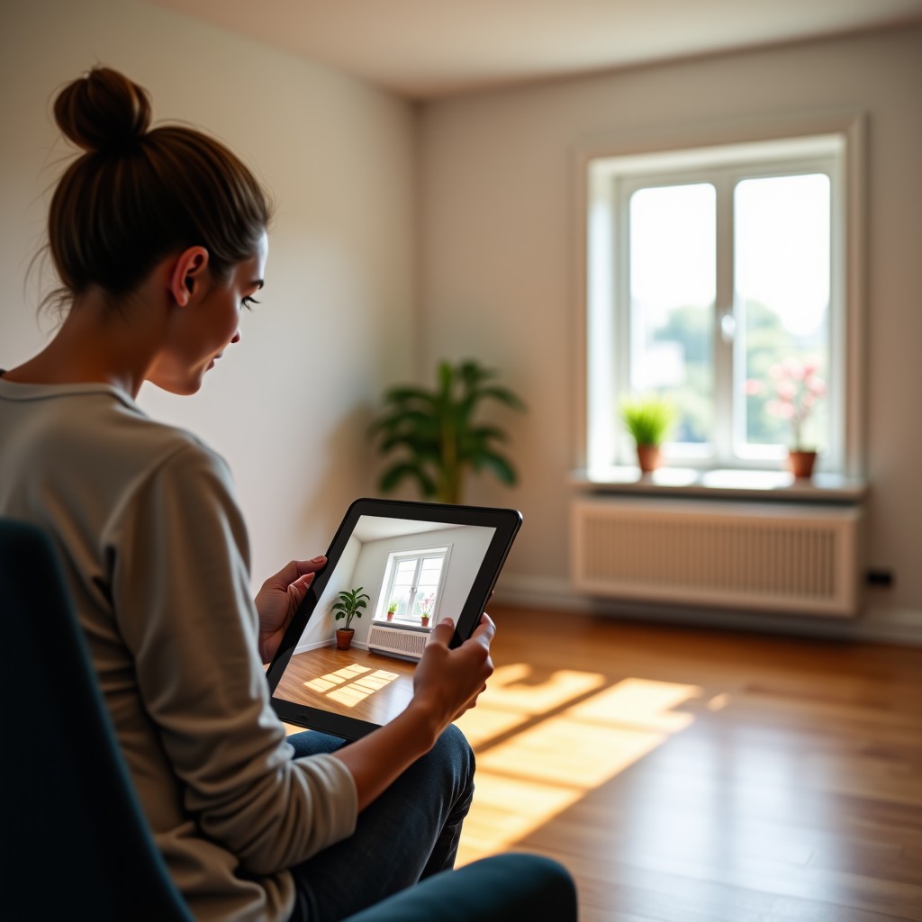 A mother and son using a tablet to visualize interior design changes in an empty living room. Augmented reality overlays showing furniture and paint colors, natural lighting, cozy home environment. 4:3