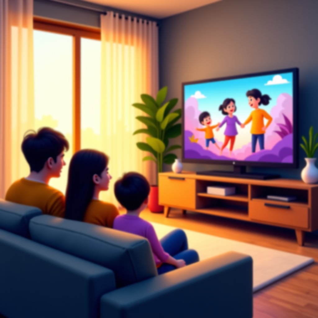 A happy Korean family, including parents and two children, sitting on a comfortable gray sofa and watching a vibrant movie on a large TV. The room is filled with warm sunlight, and the atmosphere is joyful and relaxed. 4:3