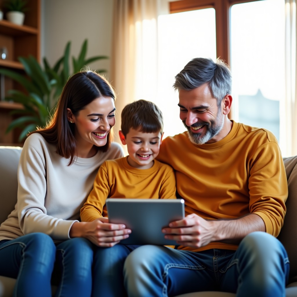 A happy multi-generational family sitting together in a modern bright living room, looking at a tablet screen with smiles, warm natural sunlight, soft home atmosphere, realistic photography style, 4:3