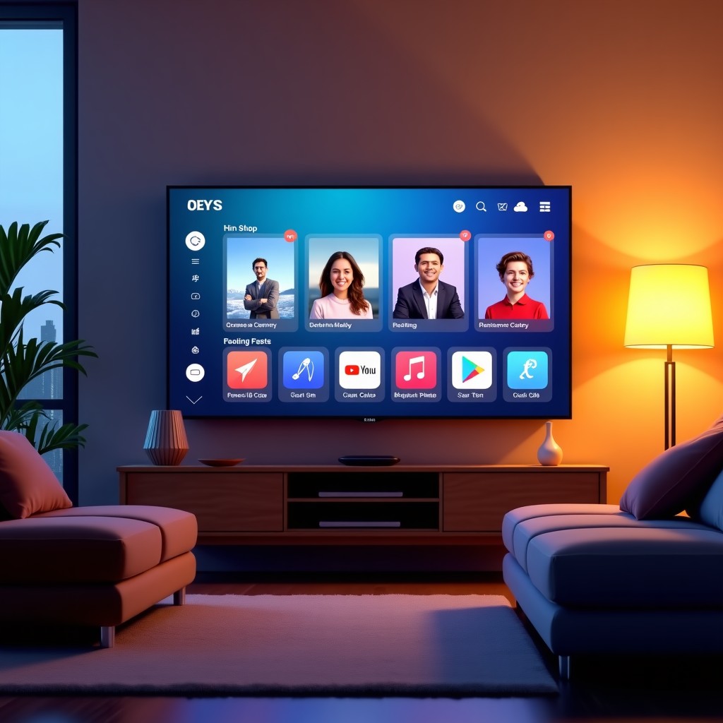 A cozy and modern living room with a large smart TV on the wall displaying a vibrant social media video feed with vertical videos. 4:3