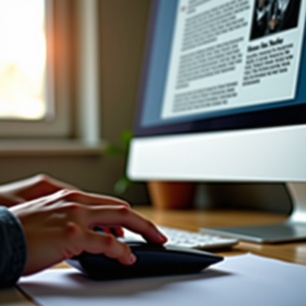 A close-up shot of a person hand using a computer mouse on a desk. The computer screen shows a digital interface with a pop-up preview of an article including a small thumbnail image and text description. Natural daylight, warm tones. 1:1