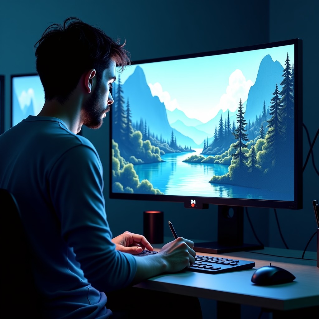 A digital artist working on a high-end computer screen illustrating a detailed fantasy landscape for a video game. Soft studio lighting. A sleek AI interface is visible on a side monitor showing complex data nodes without replacing the artist's hand-drawn work. Professional game studio environment. 1:1