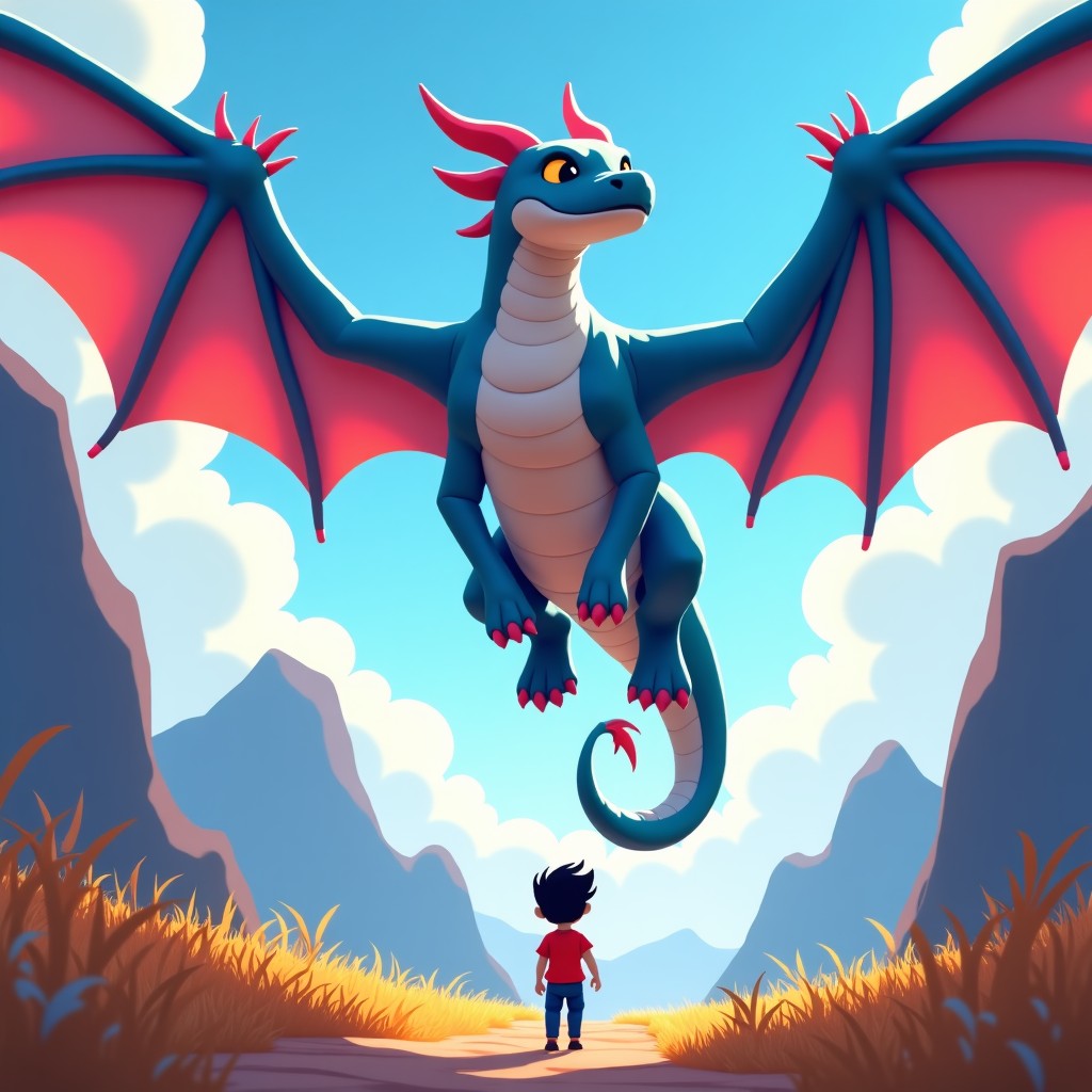 A Korean young player character in a colorful virtual game world using a magic prompt to generate a large flying dragon, vibrant environment, epic scale, 16:9 aspect ratio.
