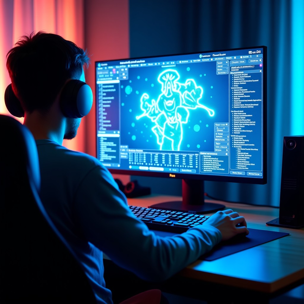 A high-tech futuristic computer screen displaying complex RPG game maps and character statistics, glowing blue neon interface, gamer headset resting on the desk, cinematic lighting, 4:3