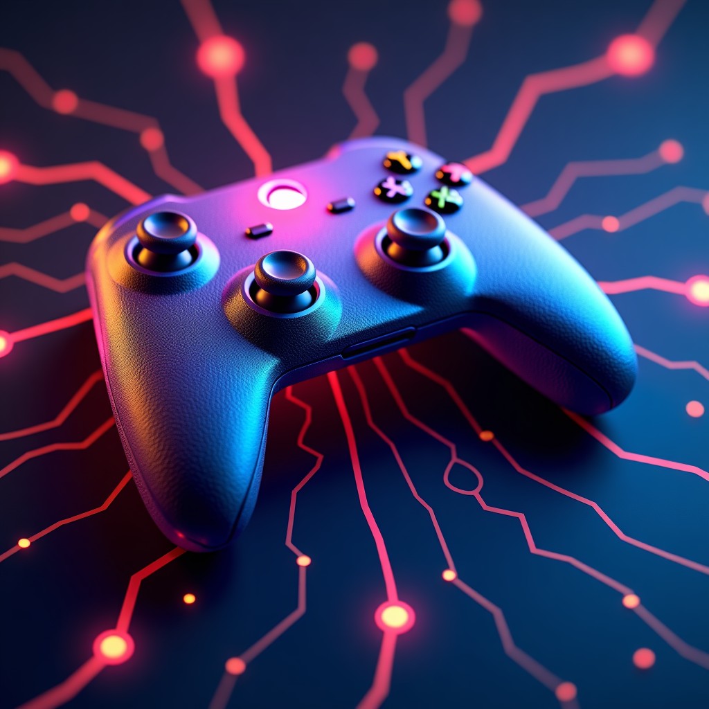 A high-tech concept showing a gaming controller merging with advanced semiconductor circuits and neural network patterns, representing the fusion of gaming and AI, vibrant colors, 4:3