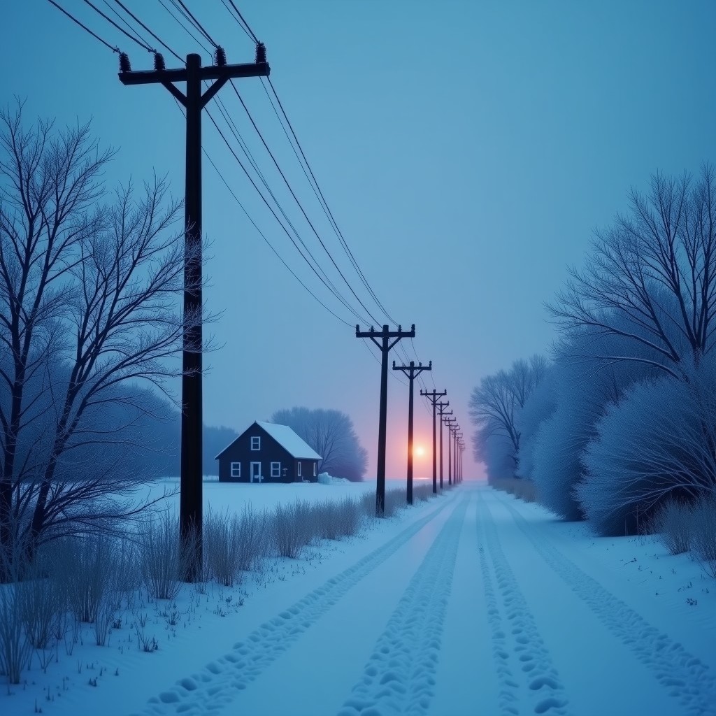 A realistic photo of power lines covered in thick ice during a winter storm in a rural area. Snow-covered trees with broken branches leaning on wires. A dimly lit farmhouse in the distance during twilight. Cold and frozen atmosphere, realistic documentary photography, 4:3