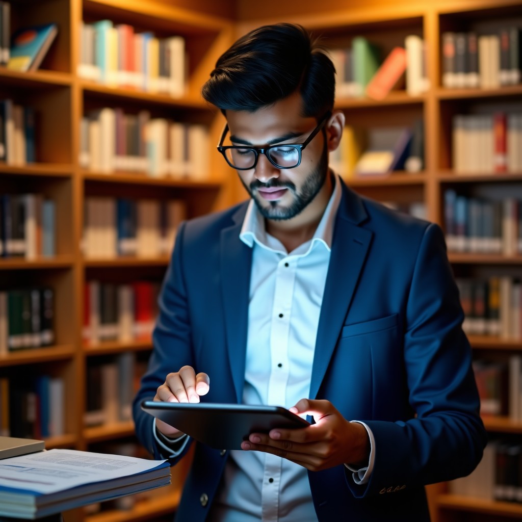 An Indian business student in a library, analyzing market data on a tablet with AI-assisted charts and text. Professional and academic atmosphere, warm interior lighting, 4:3
