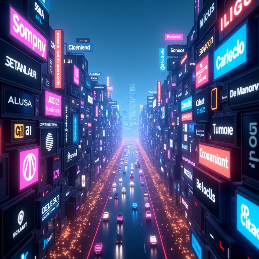A crowded modern digital landscape filled with glowing logos of various artificial intelligence companies competing for space. High-tech futuristic city background with vibrant neon lights and a busy atmosphere. 4:3