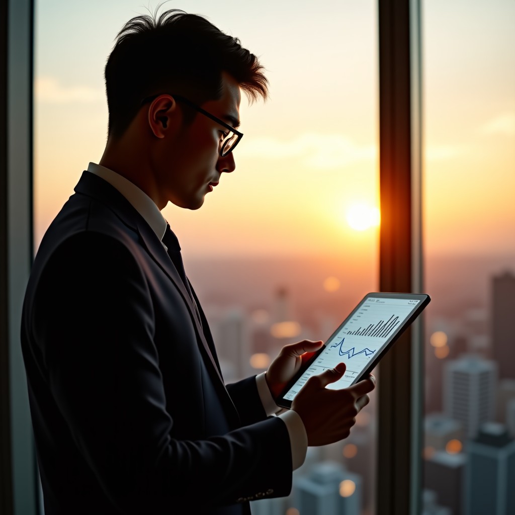A Korean businessman in a suit looking at a tablet with financial charts in a modern office at sunset, professional and focused, warm natural lighting, 4:3