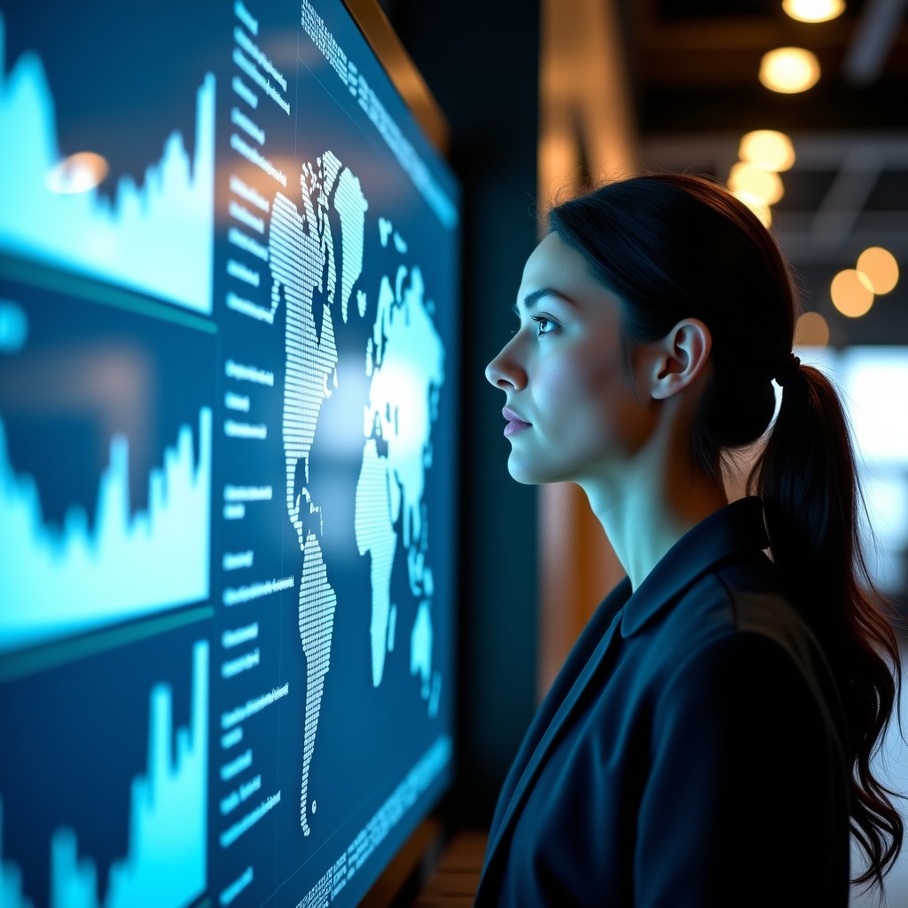 A person looking thoughtfully at a large translucent screen displaying various economic graphs, job market statistics, and digital world maps. Natural lighting, focused expression, sophisticated professional setting. 4:3