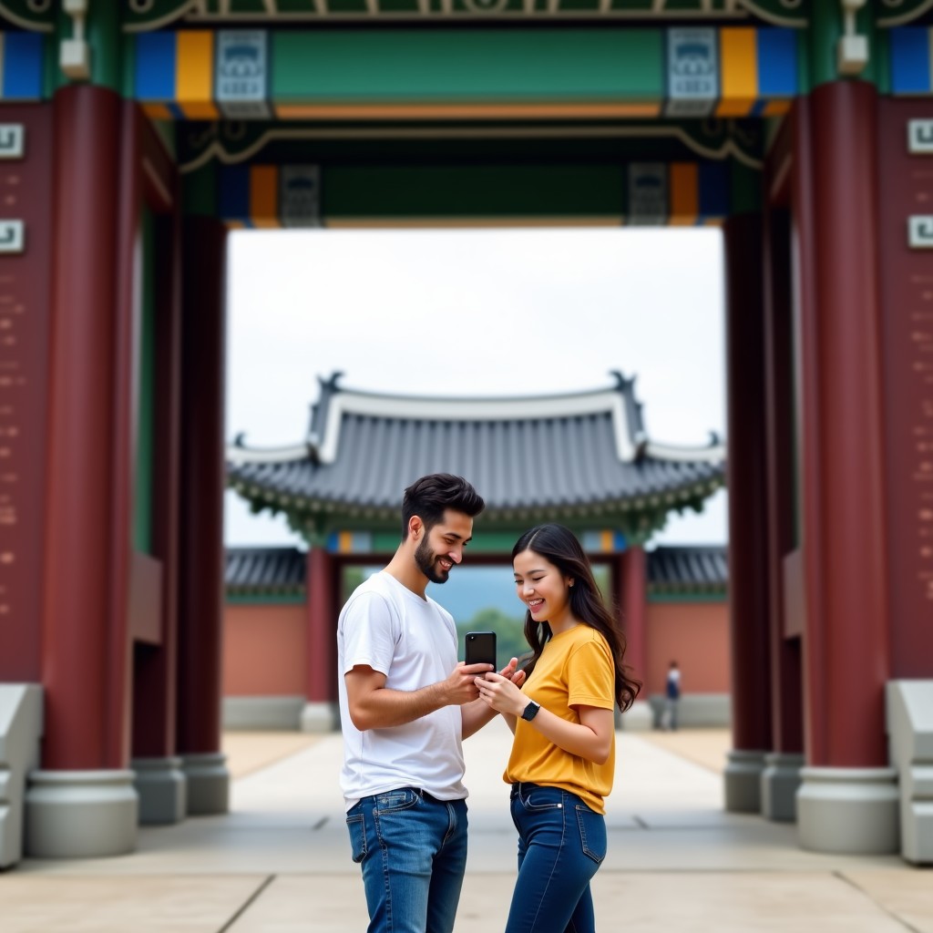 A pair of young tourists standing in front of a traditional Korean palace gate (Gyeongbokgung style), looking at a smartphone screen together. They look happy and relaxed. Natural daylight with soft shadows. High quality lifestyle photography. 4:3