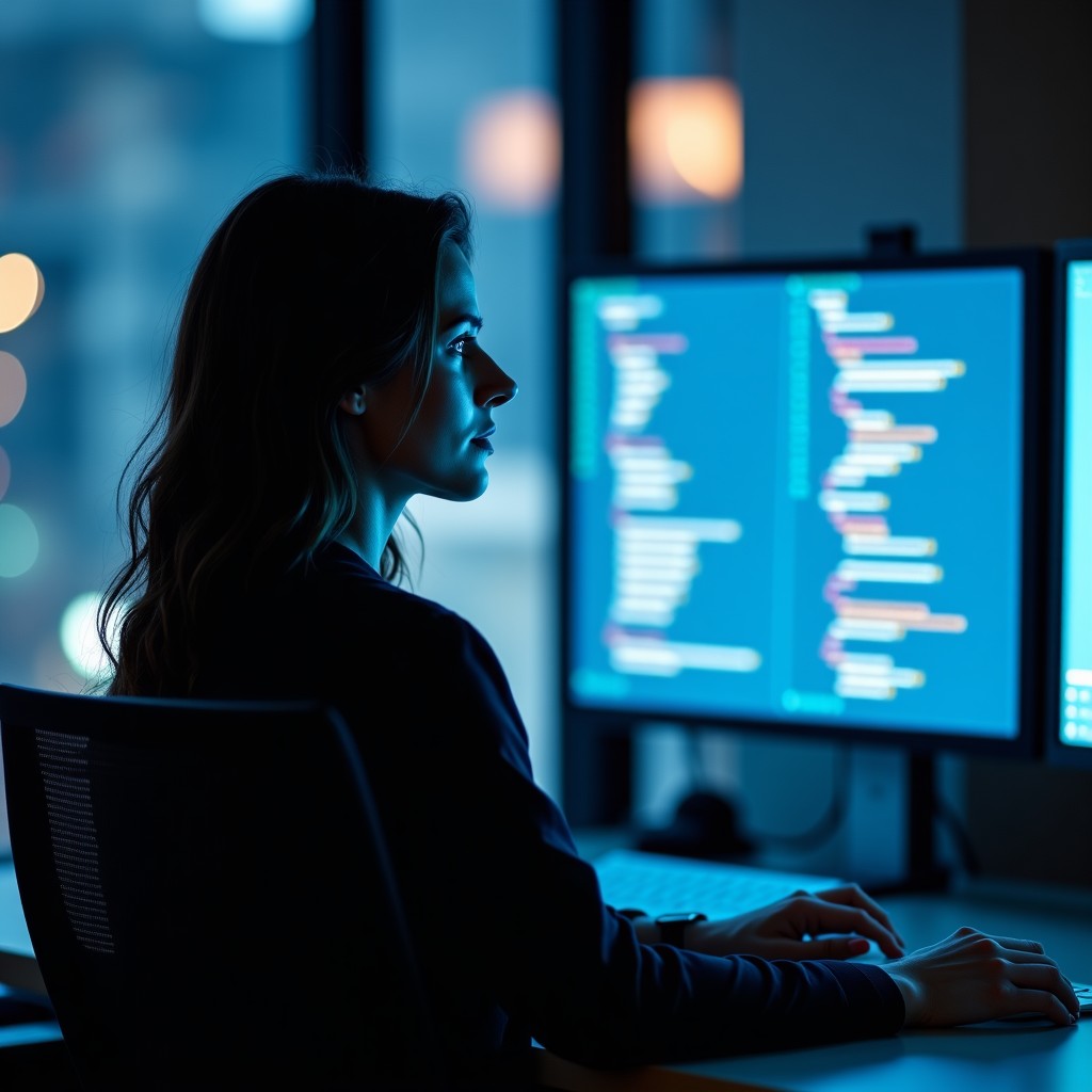 A professional female researcher sitting in a modern high-tech office looking out the window with a concerned expression. She is an economist and poet type. In the background, a large screen shows blurred code and a faint ChatGPT logo. The lighting is cold and atmospheric. No text. 4:3