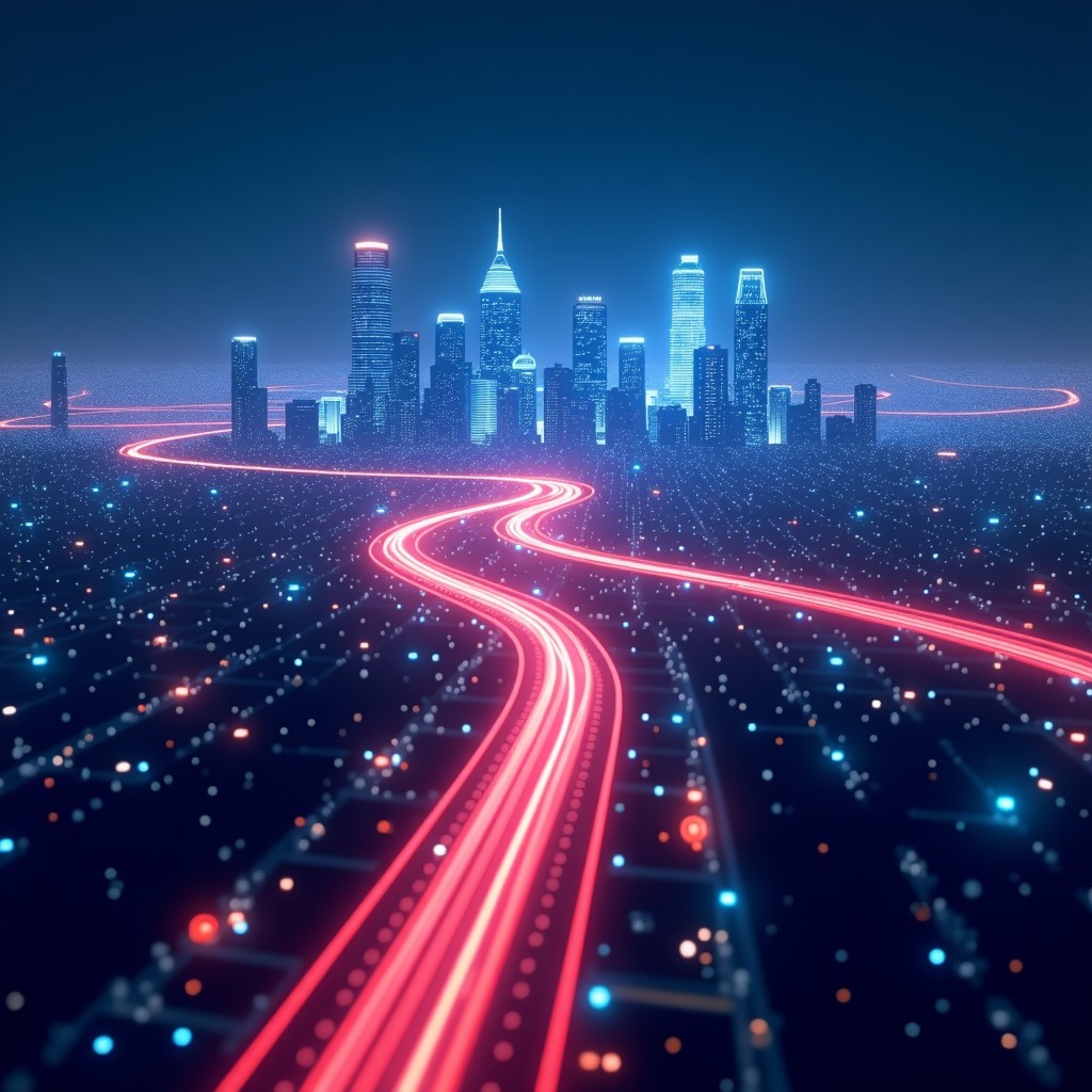 High-tech visualization of data flowing through a stylized Indian city skyline at night, glowing neon lines connecting buildings, cinematic lighting, 4:3